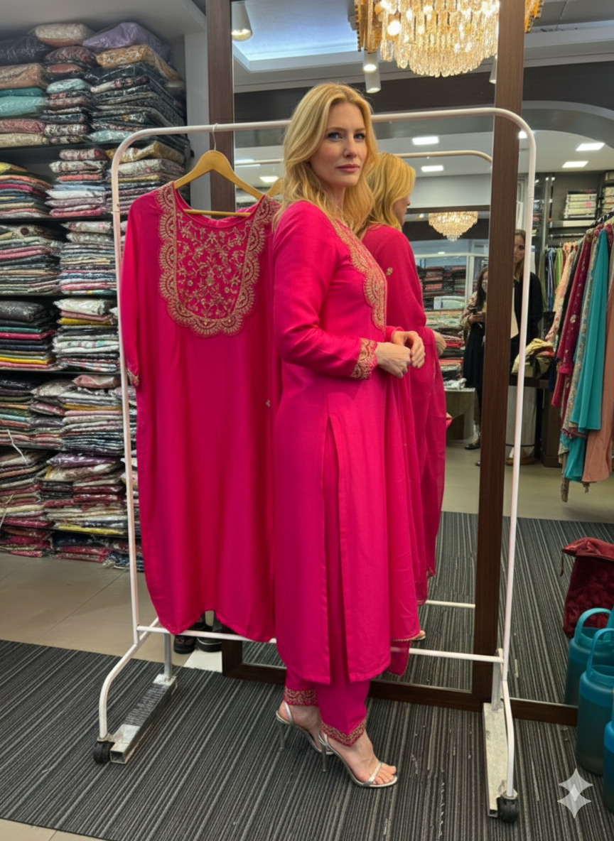 Richu Rani Indo Suit Set With Neck Hand-Work