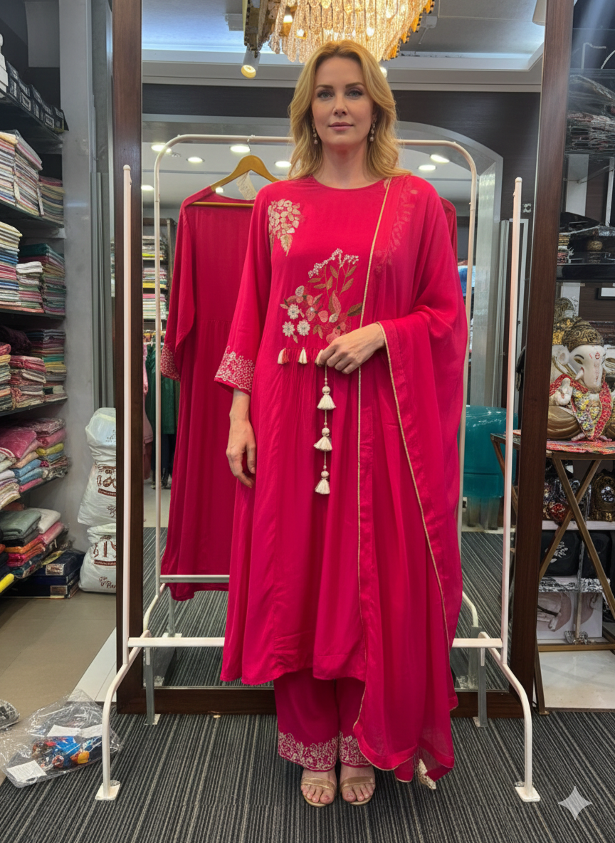 Diveti Red Suit Set With Floral Hand-Work