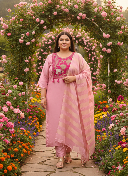 Rainbow Muslin Indo Suit Set Neck Hand-Work Floral