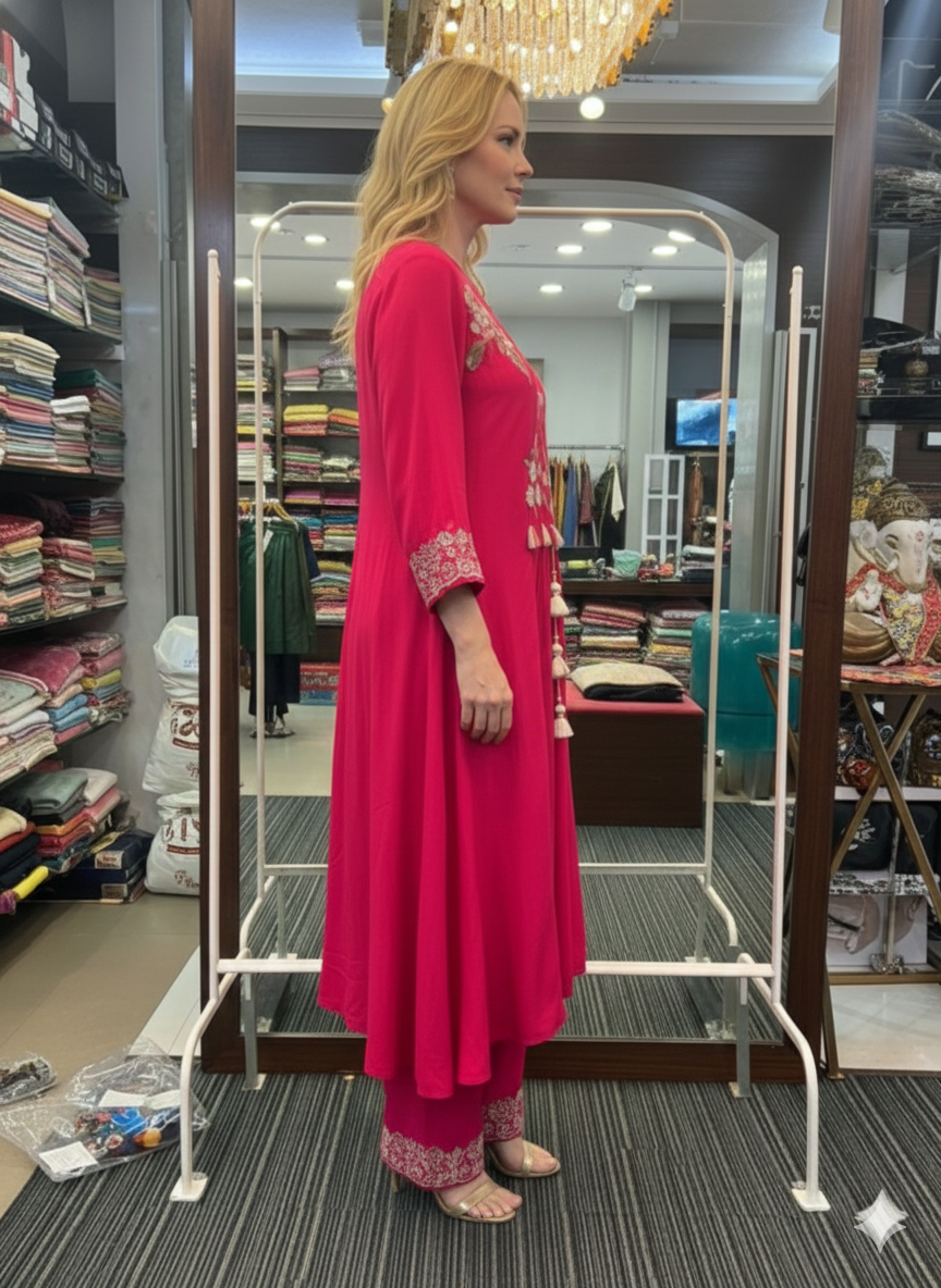 Diveti Red Suit Set With Floral Hand-Work