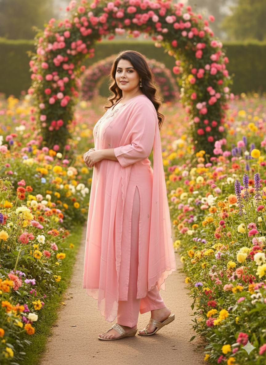 Hashmukhi Pink Indo Suit Set NEck Work Muslin Fabric