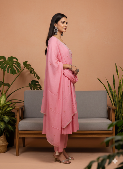 Shivansh Pink Embroidered Cotton Kurta Set with Straight Pants & Dupatta
