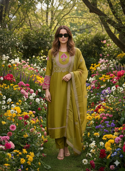 Rukmani Mehndi Suit Set With Neck Heavy Hand-Work