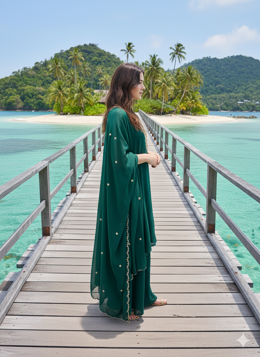 Herry Green Maslin Cotton Indo-Western Suit Set With Neck Floral Hand-Work