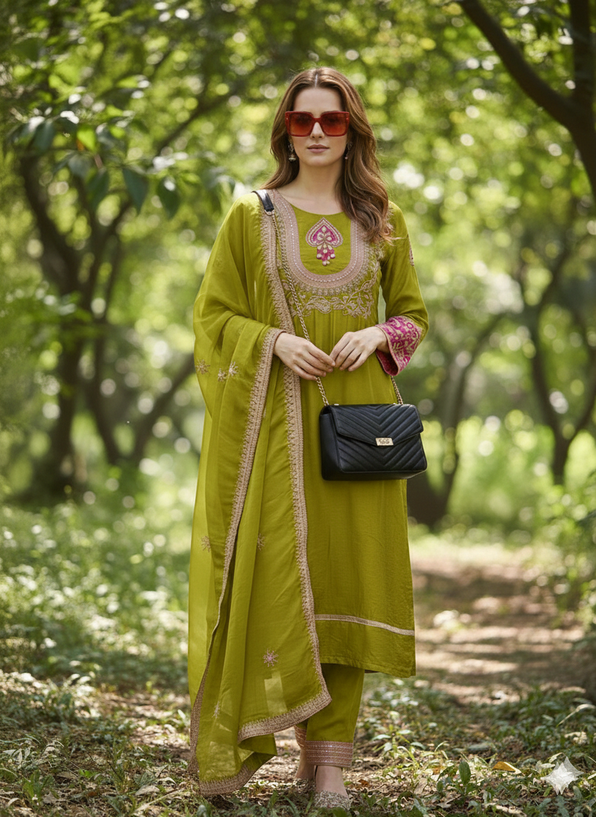 Rukmani Mehndi Suit Set With Neck Heavy Hand-Work