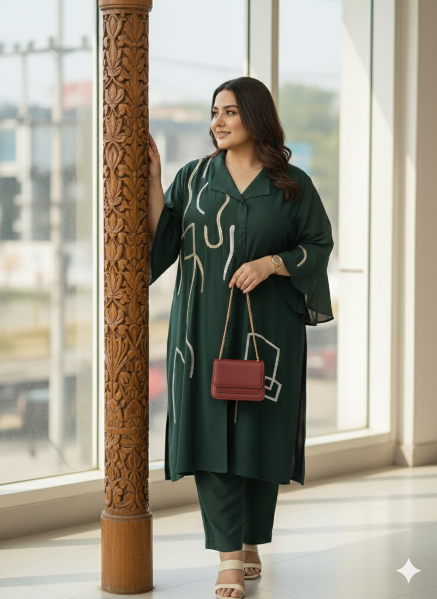 Srinshu Dark Green Indo-Western Suit Set WIth Embroidery Work