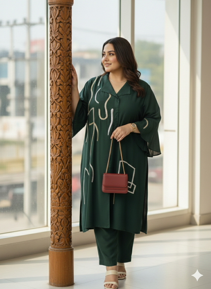 Srinshu Dark Green Indo-Western Suit Set WIth Embroidery Work