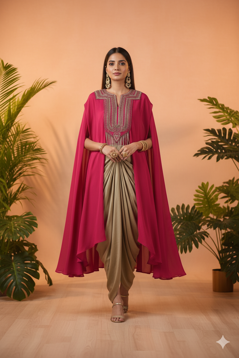 Fuchsia Cape Style Embellished Top with Golden Drape Skirt SeT