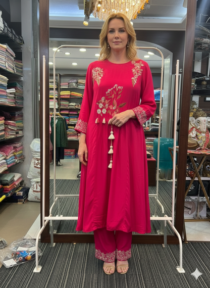 Diveti Red Suit Set With Floral Hand-Work