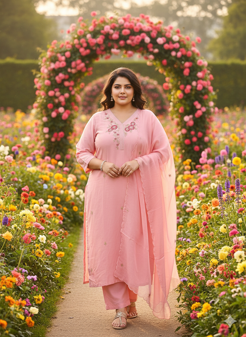 Hashmukhi Pink Indo Suit Set NEck Work Muslin Fabric