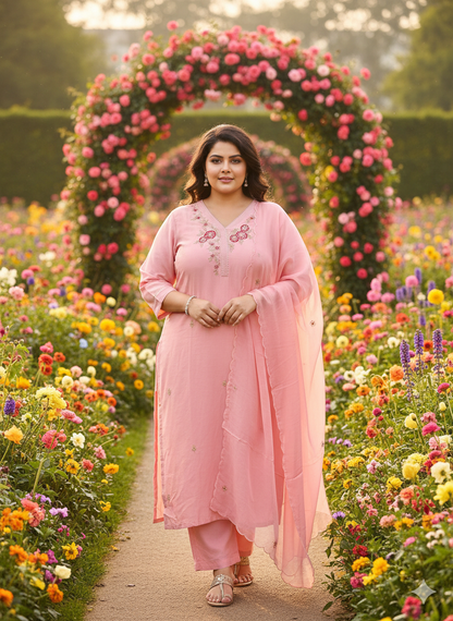 Hashmukhi Pink Indo Suit Set NEck Work Muslin Fabric