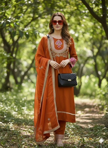 Rukmani Rust Suit Set With Heavy Neck Hand-Work