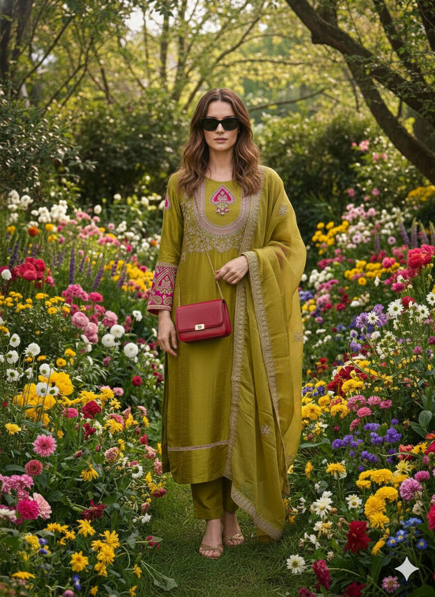 Rukmani Mehndi Suit Set With Neck Heavy Hand-Work