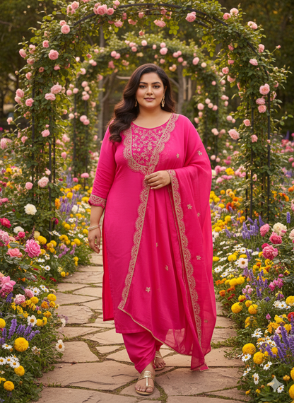 Richu Rani Indo Suit Set With Neck Hand-Work