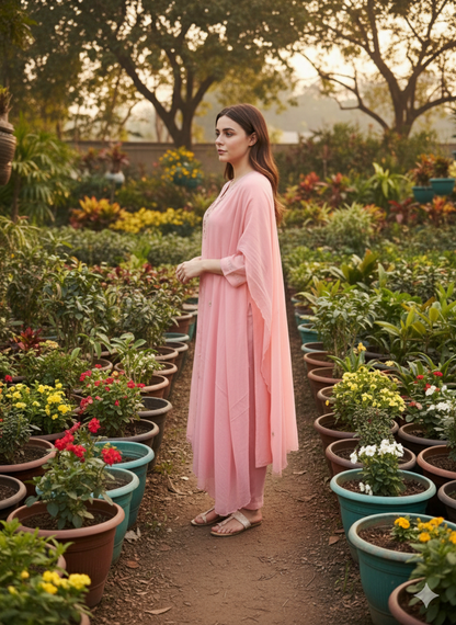 Hashmukhi Pink Indo Suit Set NEck Work Muslin Fabric