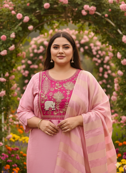 Rainbow Muslin Indo Suit Set Neck Hand-Work Floral