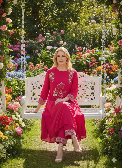 Diveti Red Suit Set With Floral Hand-Work