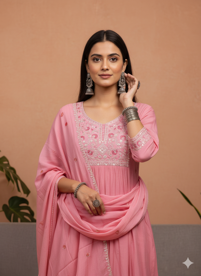 Shivansh Pink Embroidered Cotton Kurta Set with Straight Pants & Dupatta