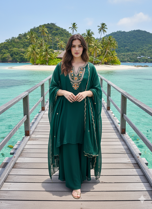 Herry Green Maslin Cotton Indo-Western Suit Set With Neck Floral Hand-Work