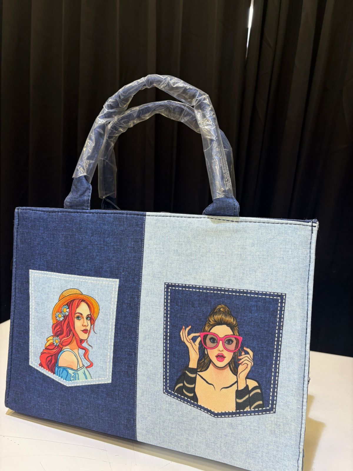 Girl Figure Print Denim Tote Bag