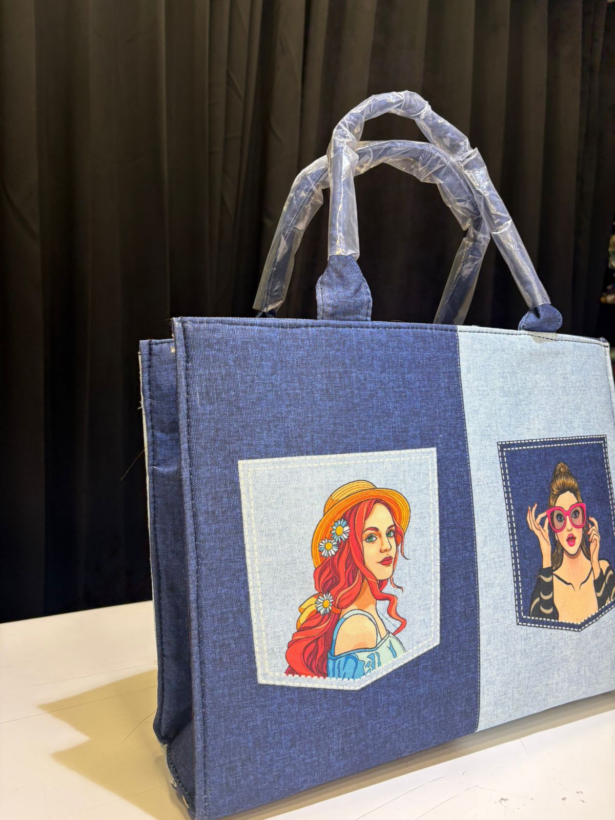 Girl Paint Print Denim Tote Bag