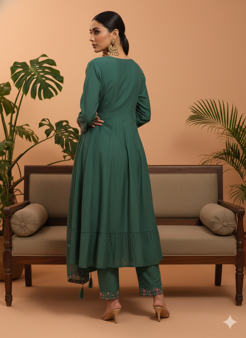 Devshree Green Embroidered Anarkali Kurta Set with Dupatta