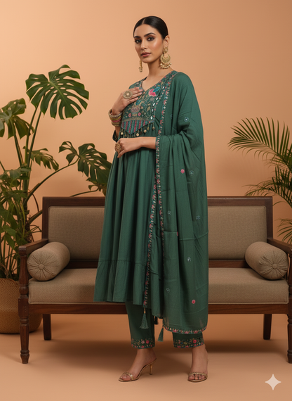 Devshree Green Embroidered Anarkali Kurta Set with Dupatta