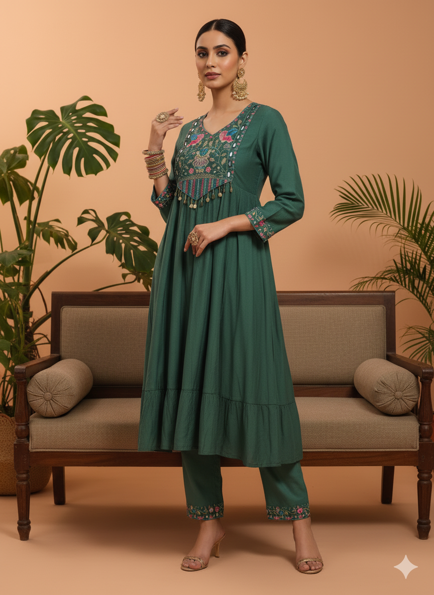 Devshree Green Embroidered Anarkali Kurta Set with Dupatta