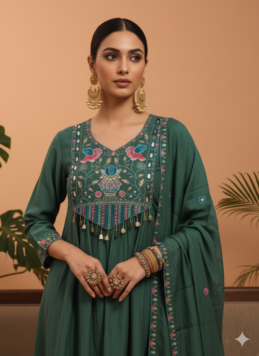 Devshree Green Embroidered Anarkali Kurta Set with Dupatta