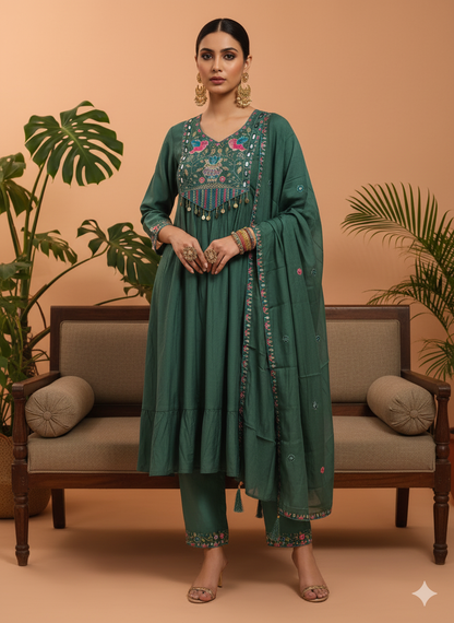 Devshree Green Embroidered Anarkali Kurta Set with Dupatta
