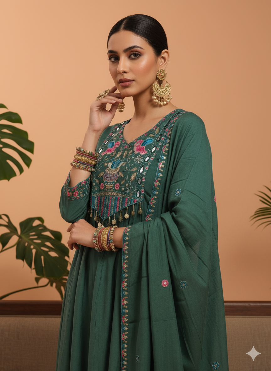 Devshree Green Embroidered Anarkali Kurta Set with Dupatta