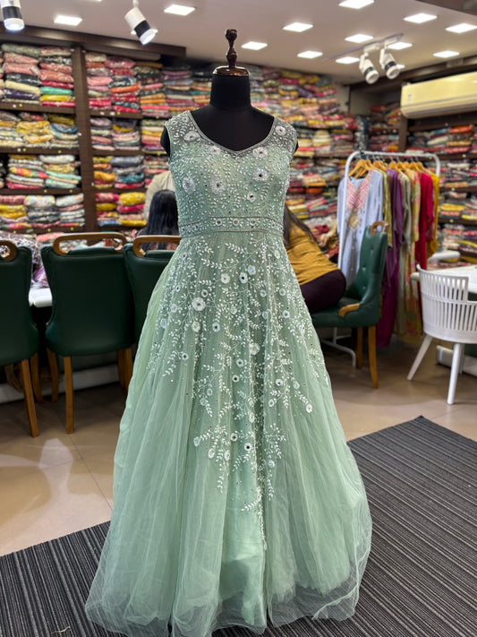 Green Sequin Floral Embroidered Ball Gown