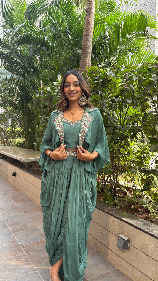 Green dhoti style Indo-Western set with handwork jacket