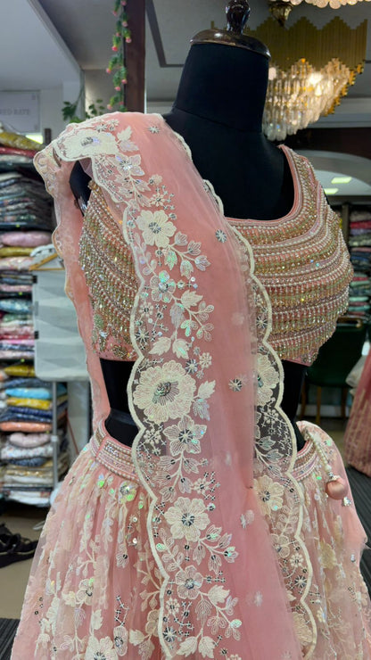 Premium Thread Embroidery And Sequin Work On Blush Pink Lehenga