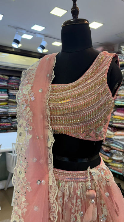 Premium Thread Embroidery And Sequin Work On Blush Pink Lehenga