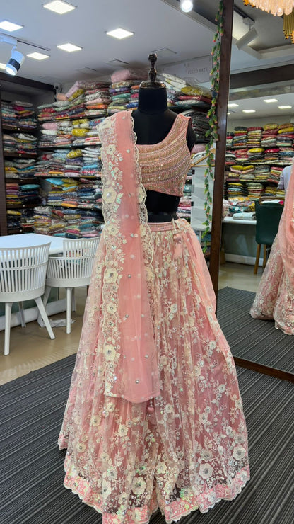 Premium Thread Embroidery And Sequin Work On Blush Pink Lehenga