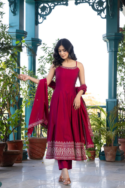 Women's Dark Pink Pure Cotton Salwar Suit Set | Sleeveless Fit-Flared Kurta and Elastic Waistband Pant with Embroidered Dupatta