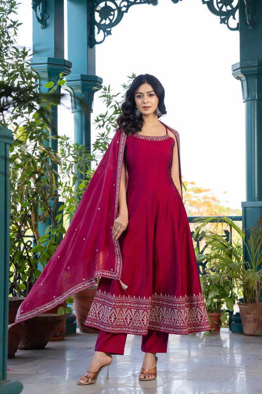 Women's Dark Pink Pure Cotton Salwar Suit Set | Sleeveless Fit-Flared Kurta and Elastic Waistband Pant with Embroidered Dupatta