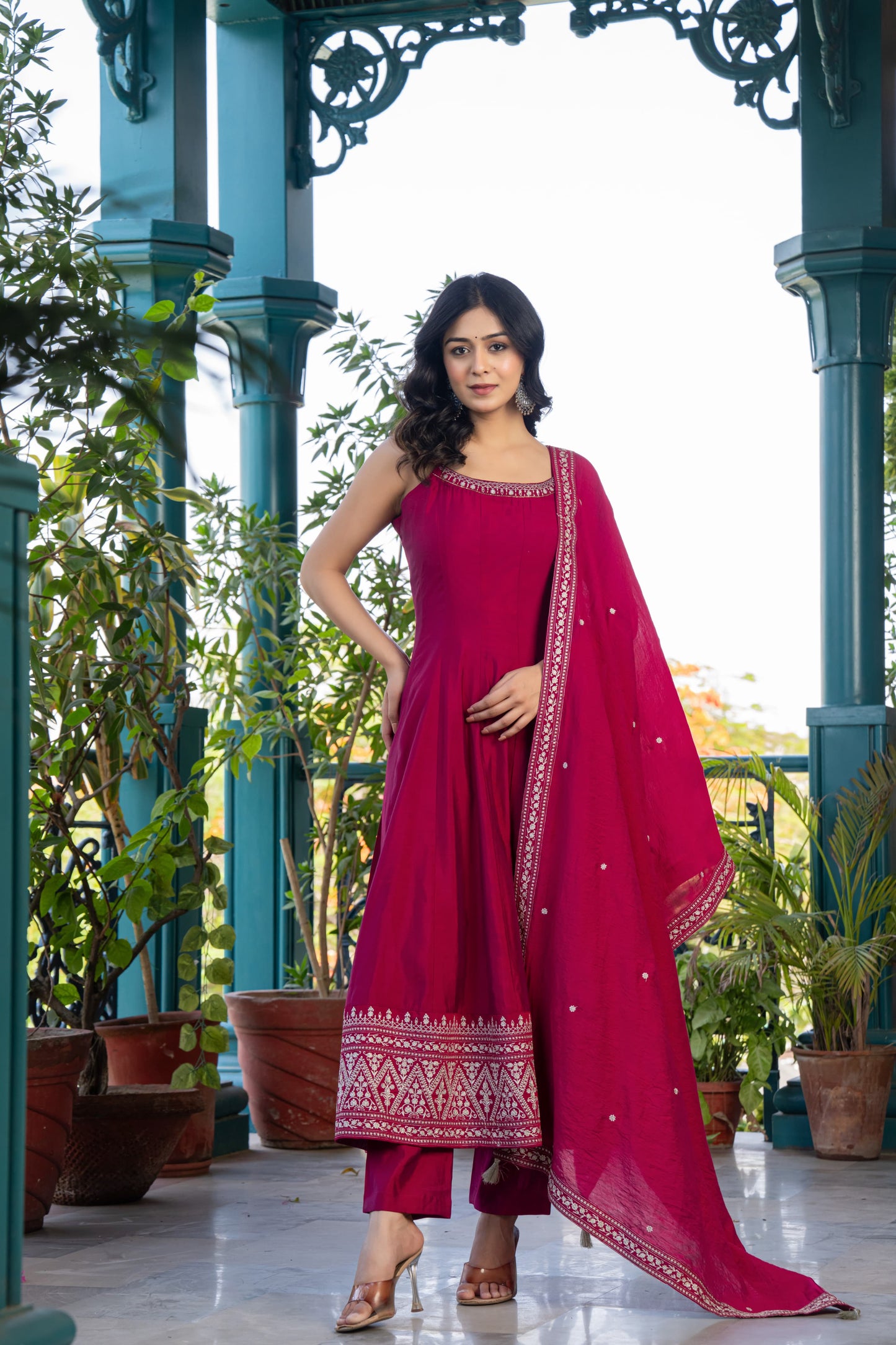 Women's Dark Pink Pure Cotton Salwar Suit Set | Sleeveless Fit-Flared Kurta and Elastic Waistband Pant with Embroidered Dupatta