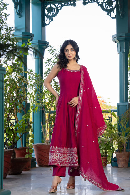 Women's Dark Pink Pure Cotton Salwar Suit Set | Sleeveless Fit-Flared Kurta and Elastic Waistband Pant with Embroidered Dupatta