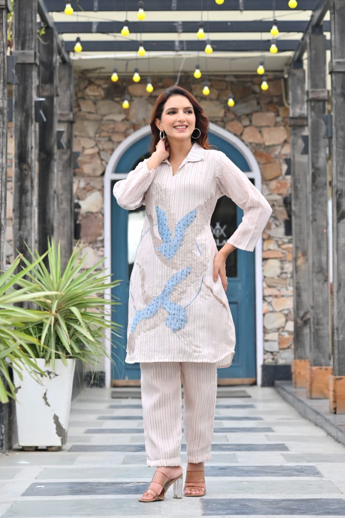 Striped 2-Piece Set | Embroidered Blue Bird Design | Casual Elegance for Women