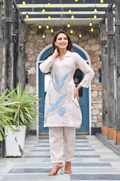 Striped 2-Piece Set | Embroidered Blue Bird Design | Casual Elegance for Women