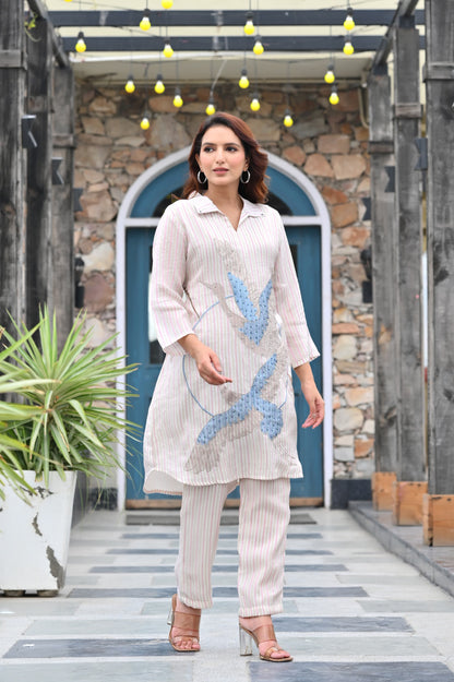 Striped 2-Piece Set | Embroidered Blue Bird Design | Casual Elegance for Women