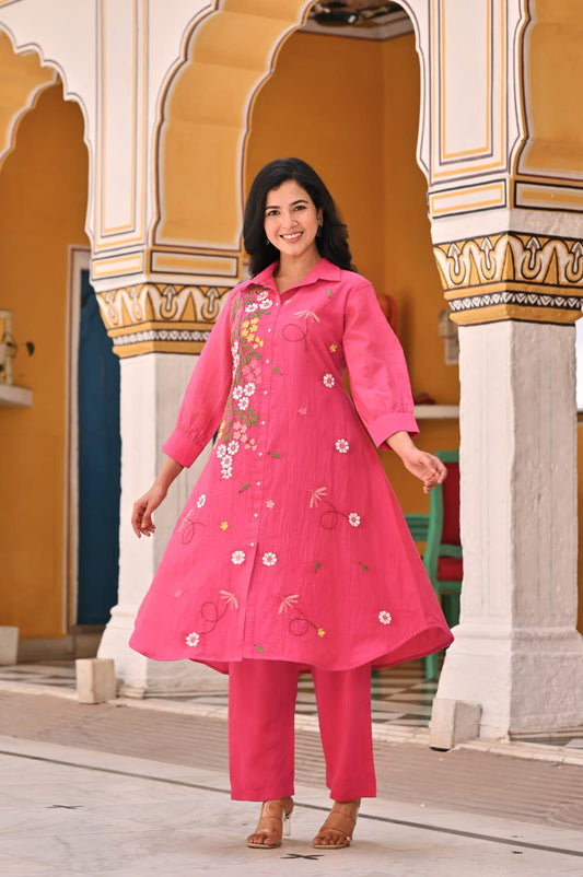 🌸 Elegant Pink Floral Embroidered Kurta Set – Grace in Every Thread