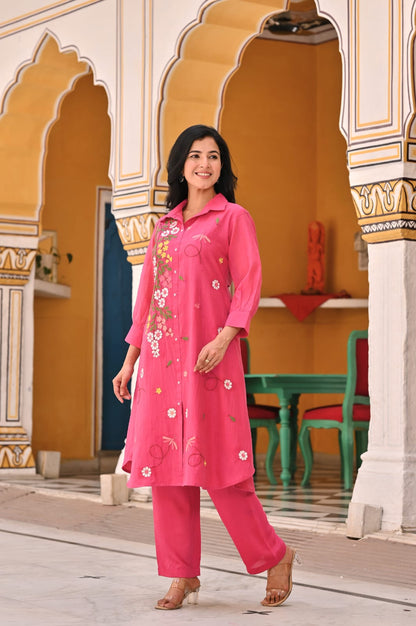 🌸 Elegant Pink Floral Embroidered Kurta Set – Grace in Every Thread