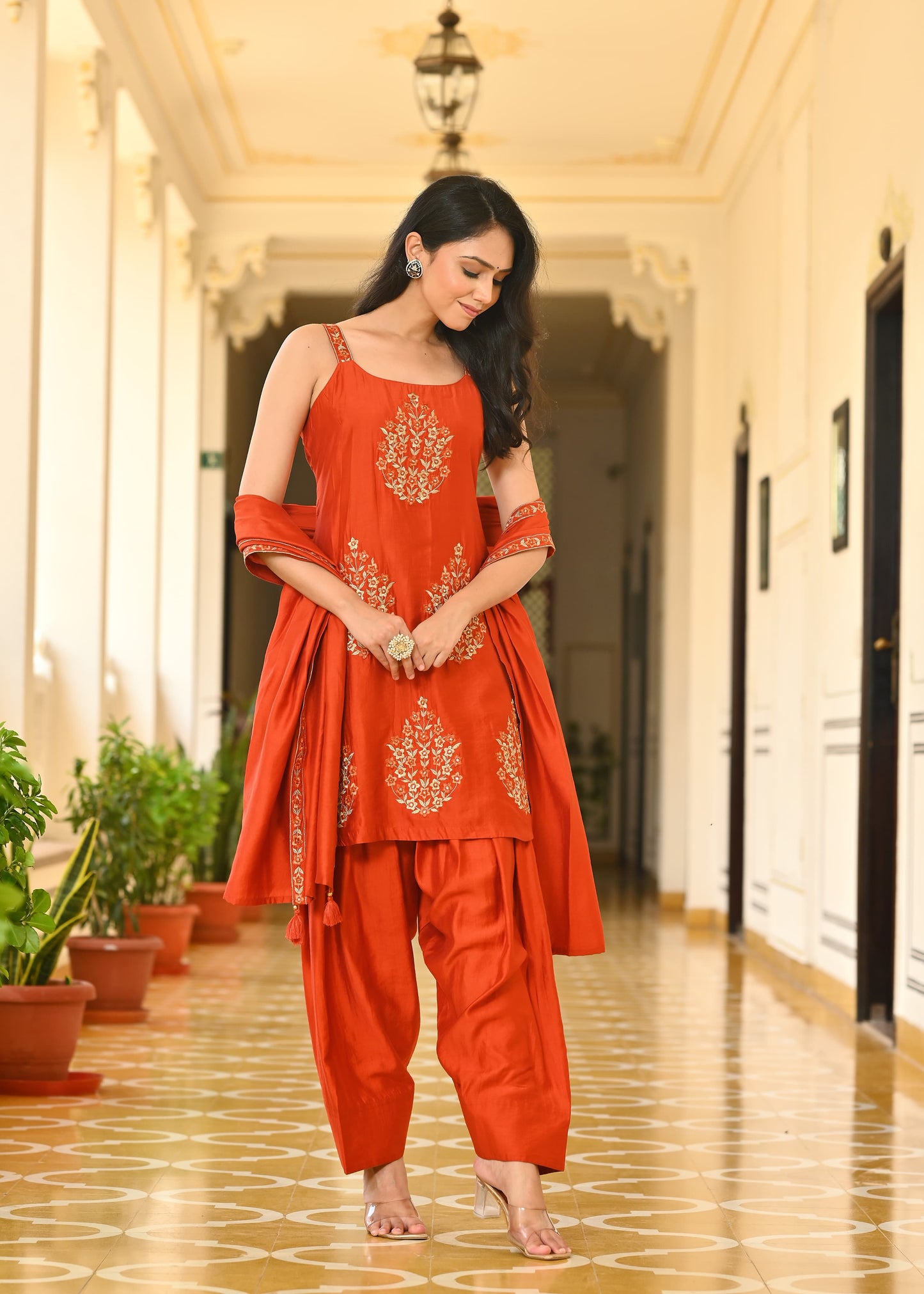 Orange Anarkali Set with Embroidered Detailing & Palazzos