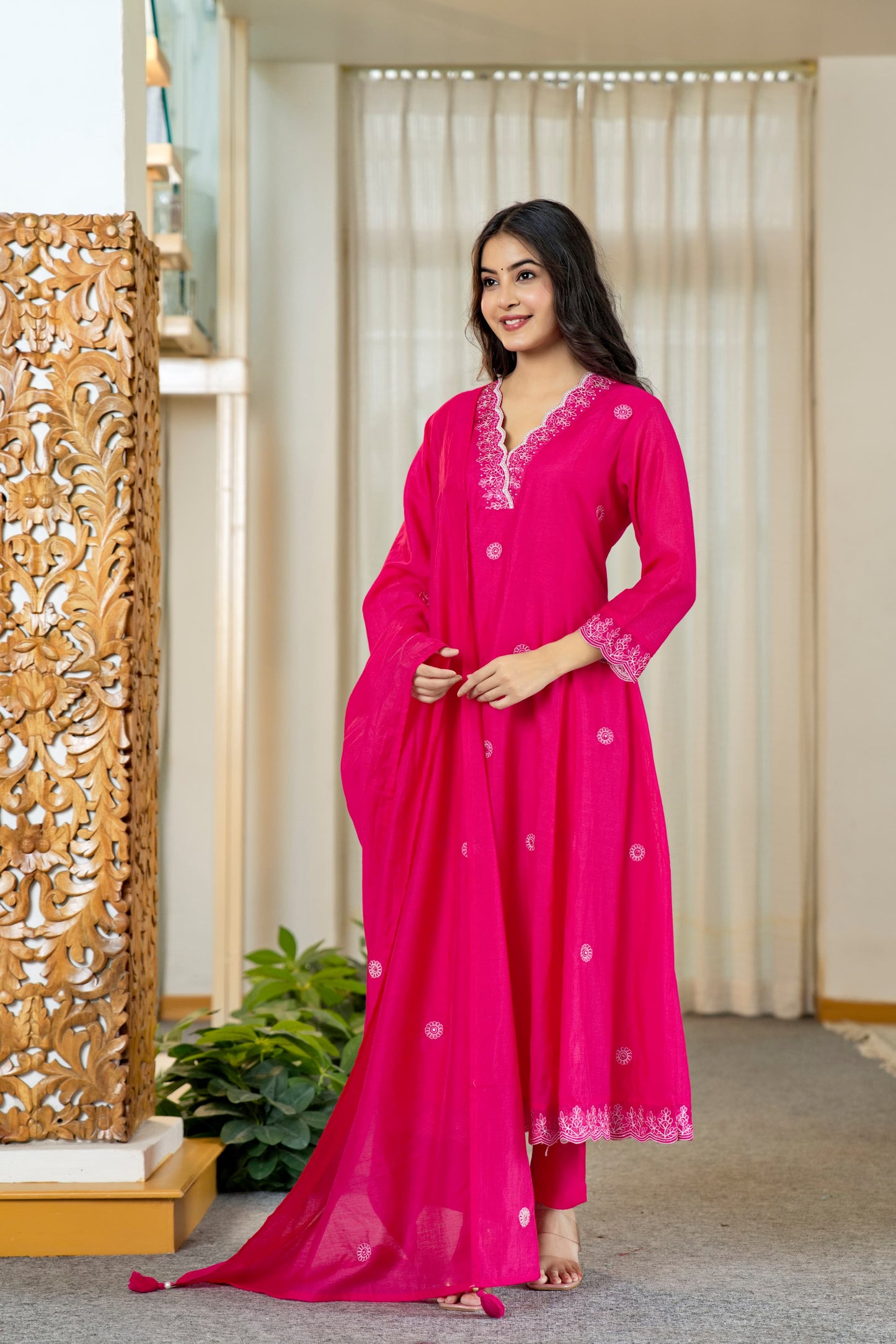 Fuchsia Embroidered Kurta Set with Palazzo & Dupatta