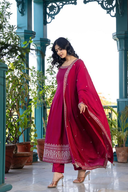 Women's Dark Pink Pure Cotton Salwar Suit Set | Sleeveless Fit-Flared Kurta and Elastic Waistband Pant with Embroidered Dupatta