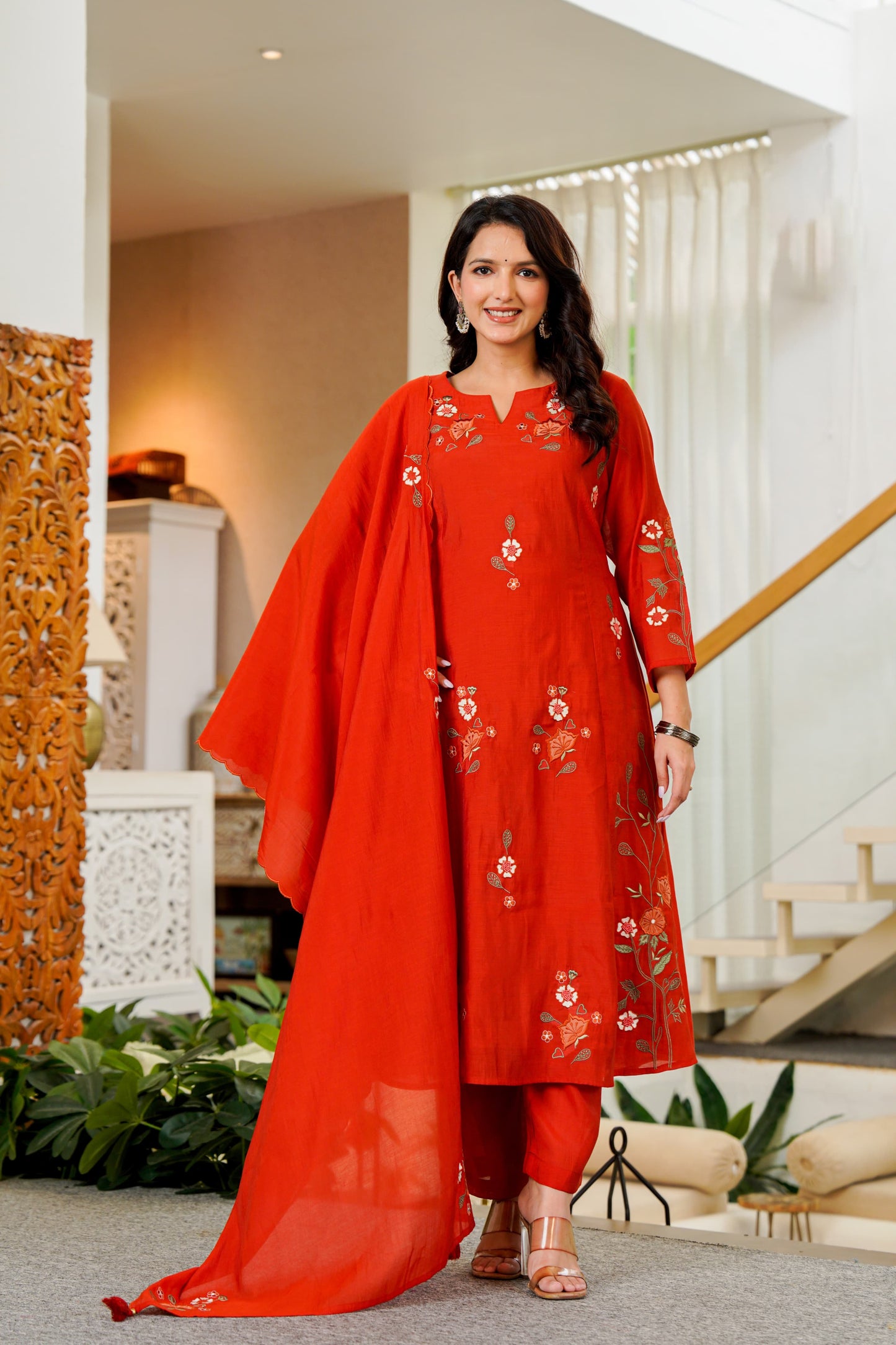 Crimson Bloom Embroidered A-Line Kurta Set with Dupatta