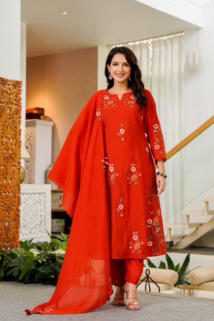 Crimson Bloom Embroidered A-Line Kurta Set with Dupatta
